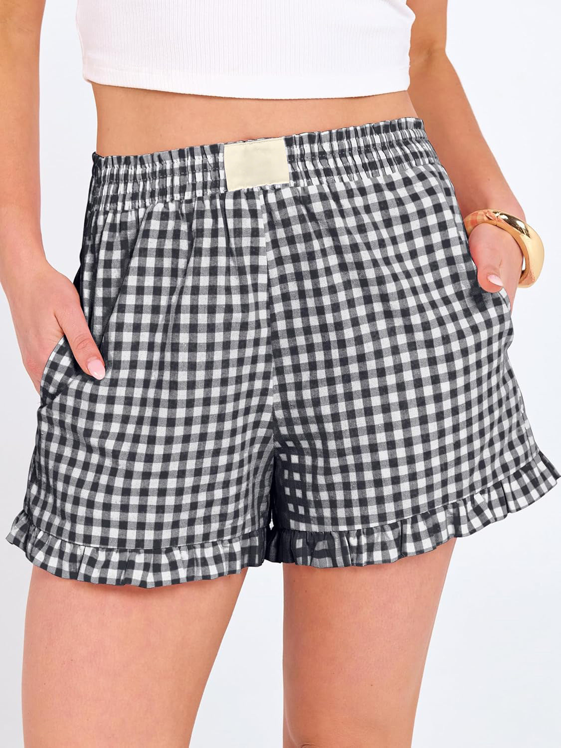 Gingham Check Ruffle Hem Shorts With Pockets - Black