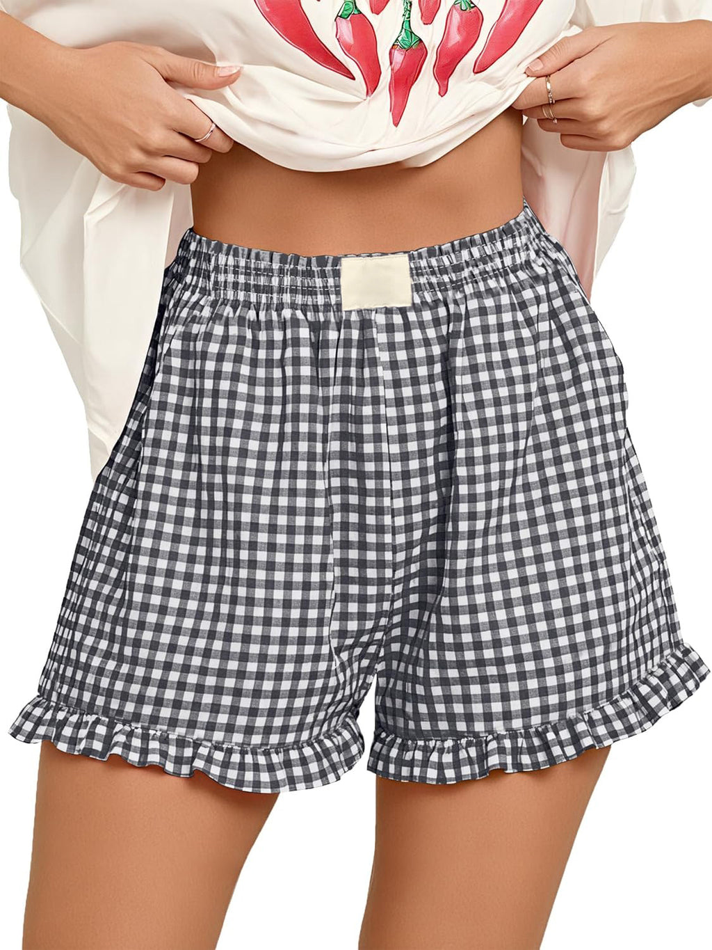 Gingham Check Ruffle Hem Shorts With Pockets - Black - 1