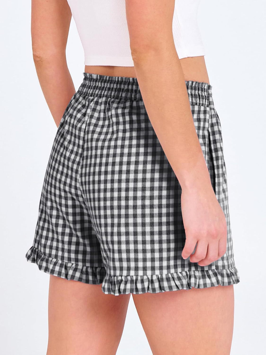 Gingham Check Ruffle Hem Shorts With Pockets - Black - 2