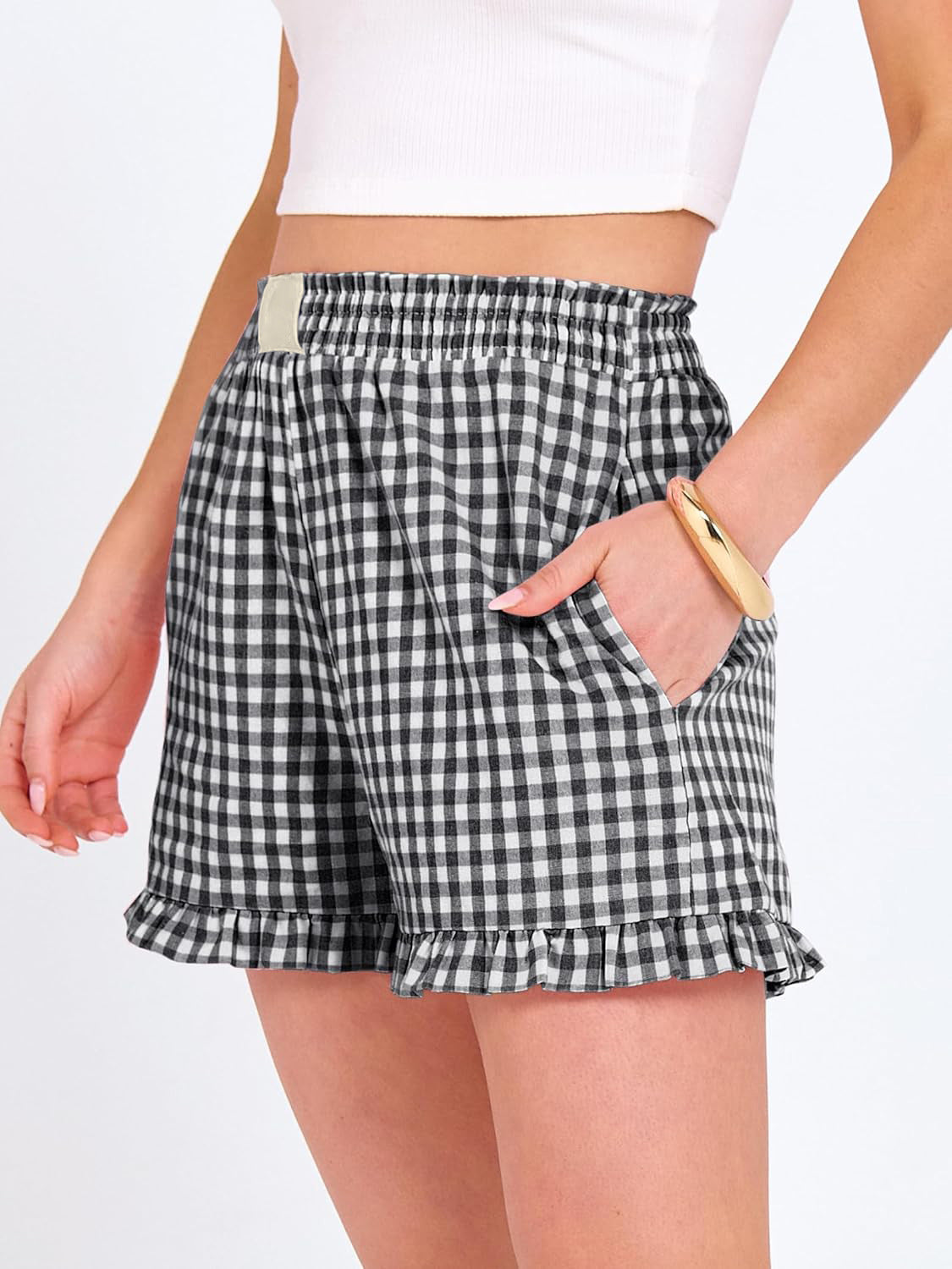 Gingham Check Ruffle Hem Shorts With Pockets - Black - 3