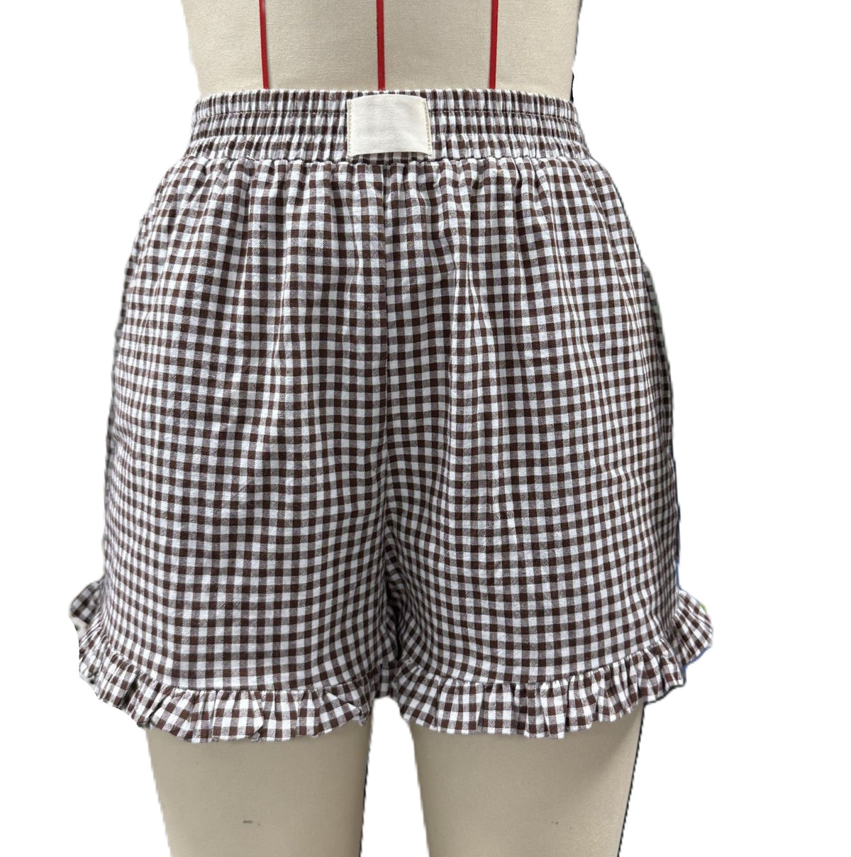 Gingham Check Ruffle Hem Shorts With Pockets - Coffee