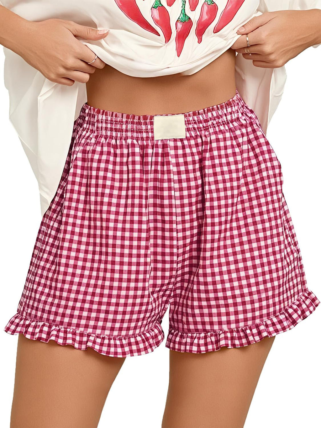Gingham Check Ruffle Hem Shorts With Pockets - Red