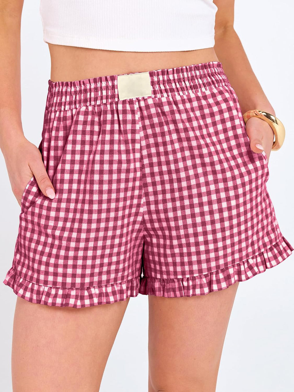 Gingham Check Ruffle Hem Shorts With Pockets - Red - 1