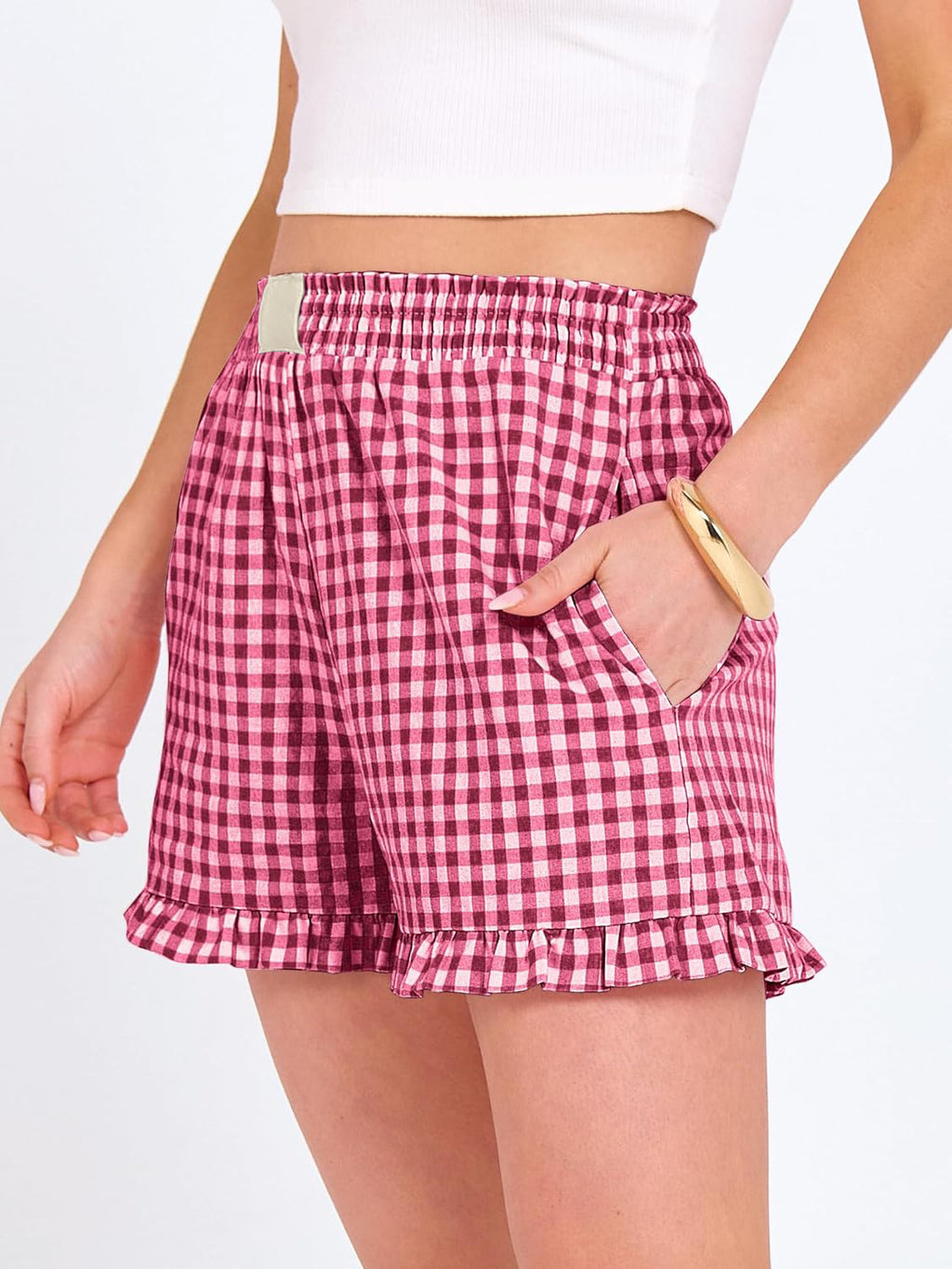 Gingham Check Ruffle Hem Shorts With Pockets - Red - 2