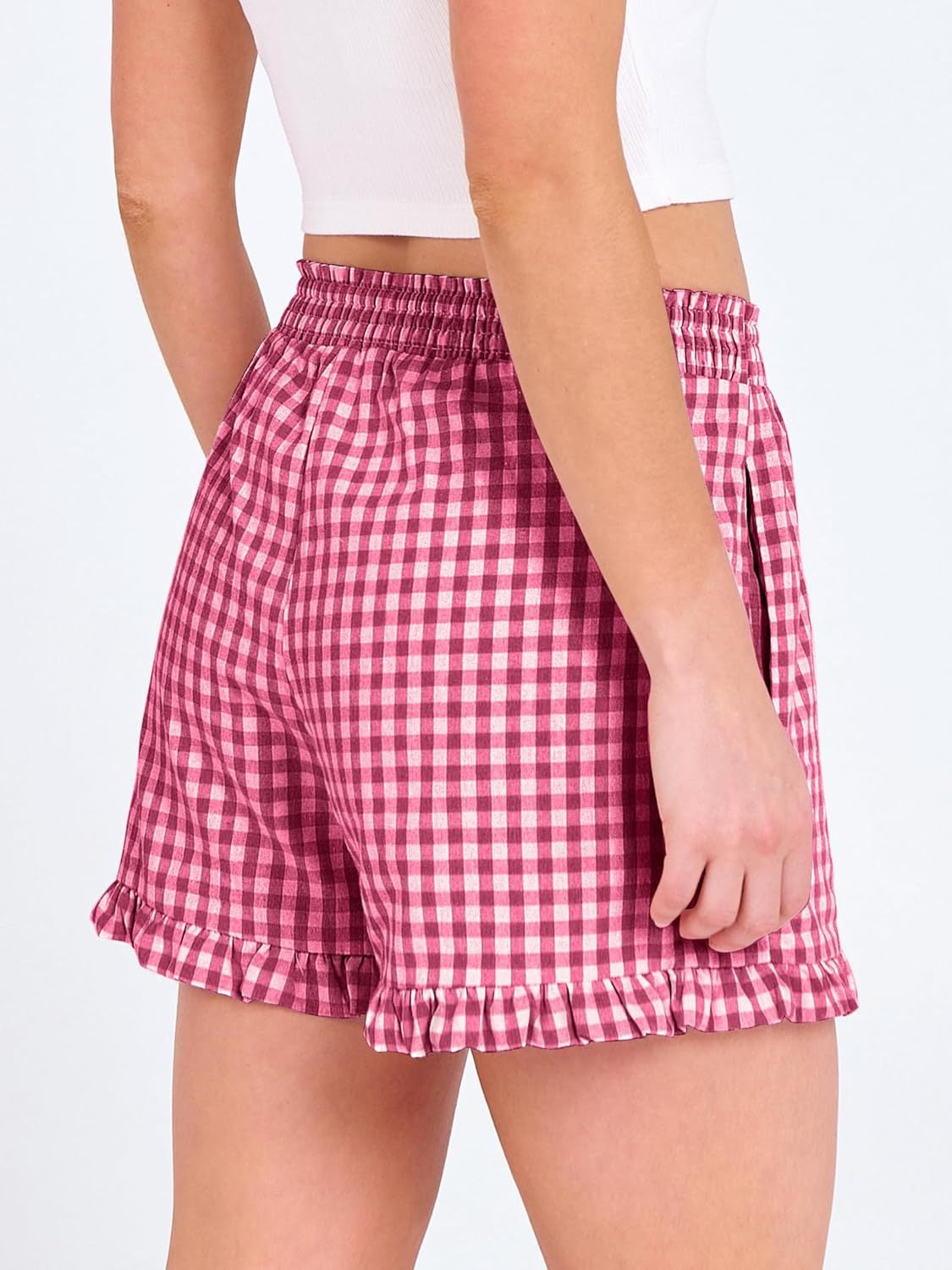 Gingham Check Ruffle Hem Shorts With Pockets - Red - 3