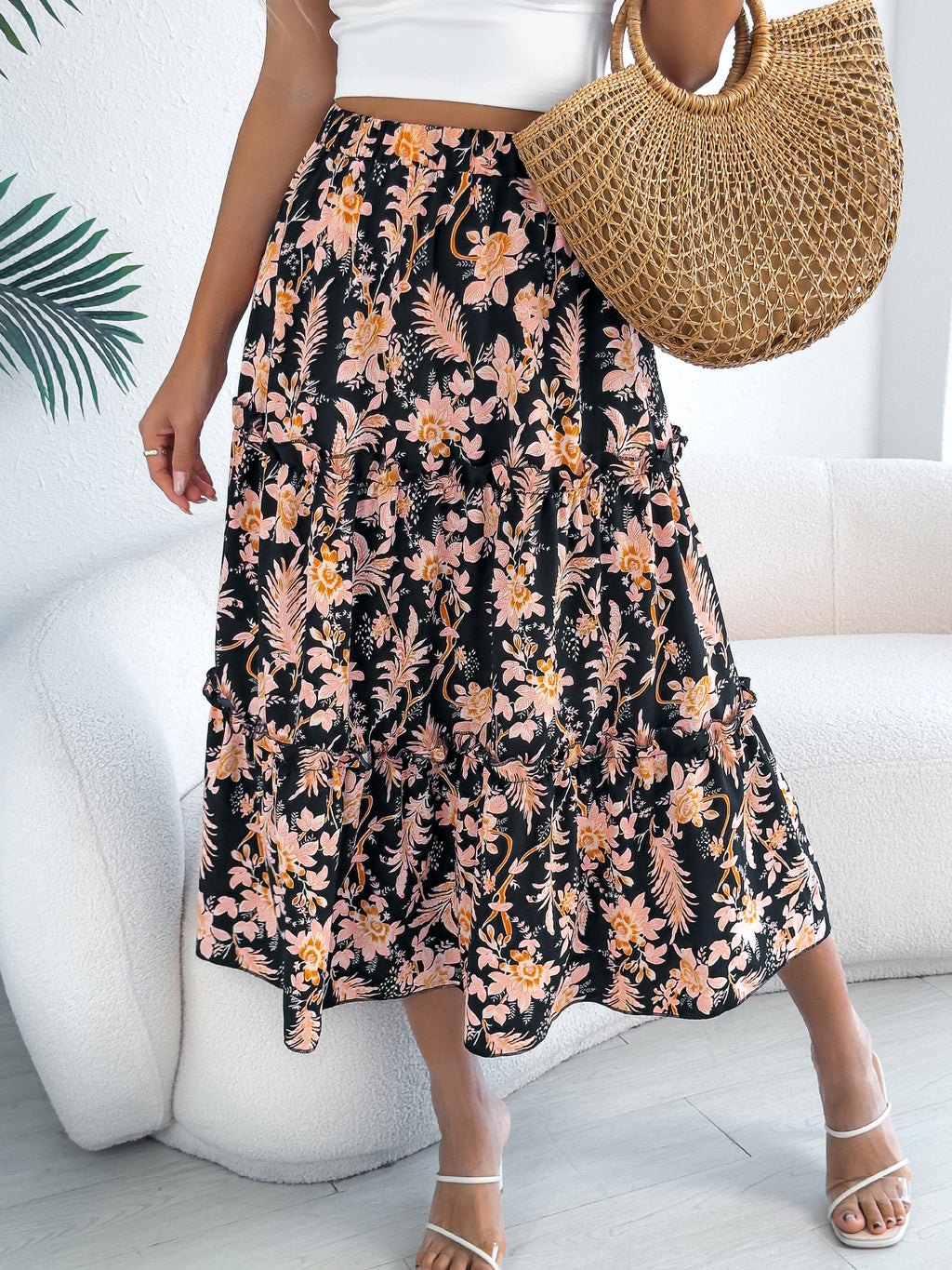 Boho Floral Tiered Ruffle Midi Skirt - Black - 1
