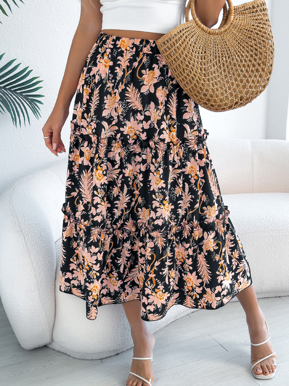 Boho Floral Tiered Ruffle Midi Skirt - Black - 1