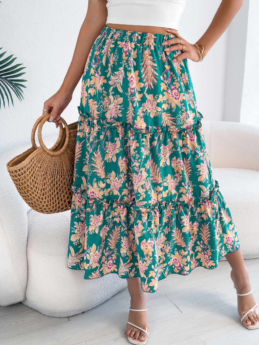 Boho Floral Tiered Ruffle Midi Skirt - Green