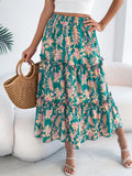 Boho Floral Tiered Ruffle Midi Skirt - Green