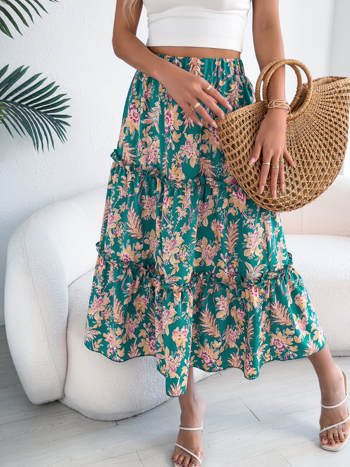 Boho Floral Tiered Ruffle Midi Skirt - Green - 1