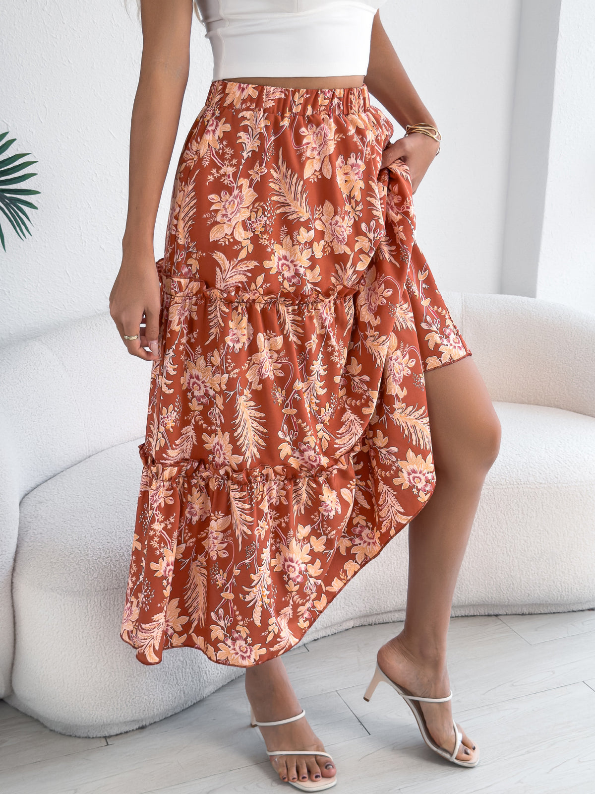 Boho Floral Tiered Ruffle Midi Skirt - Orange - 1