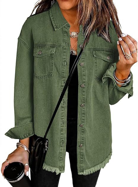 Frayed Hem Oversized Denim Shirt Jacket - ArmyGreen