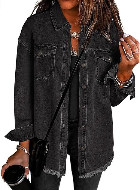 Frayed Hem Oversized Denim Shirt Jacket - Black
