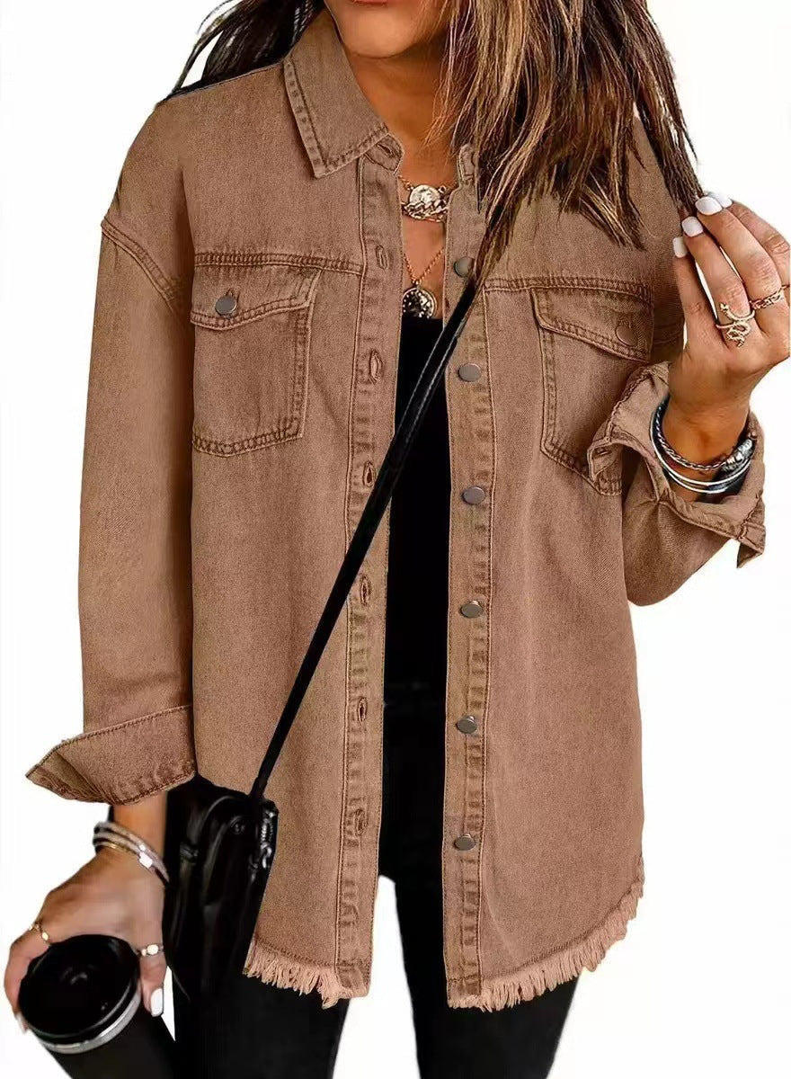 Frayed Hem Oversized Denim Shirt Jacket - Camel