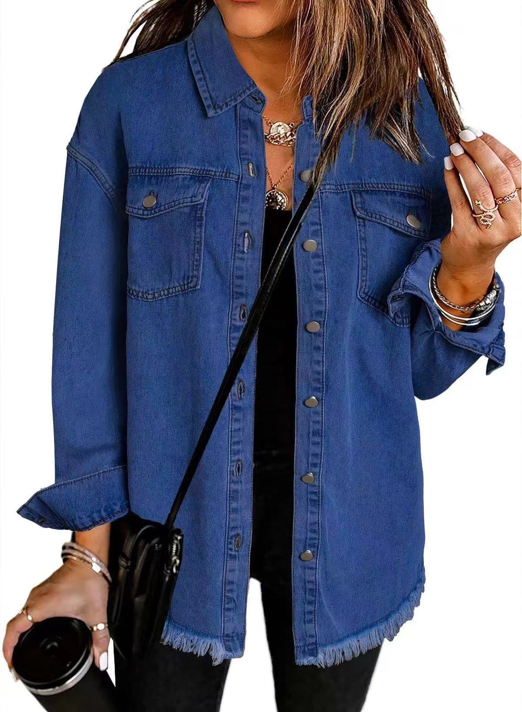 Frayed Hem Oversized Denim Shirt Jacket - DarkBlue