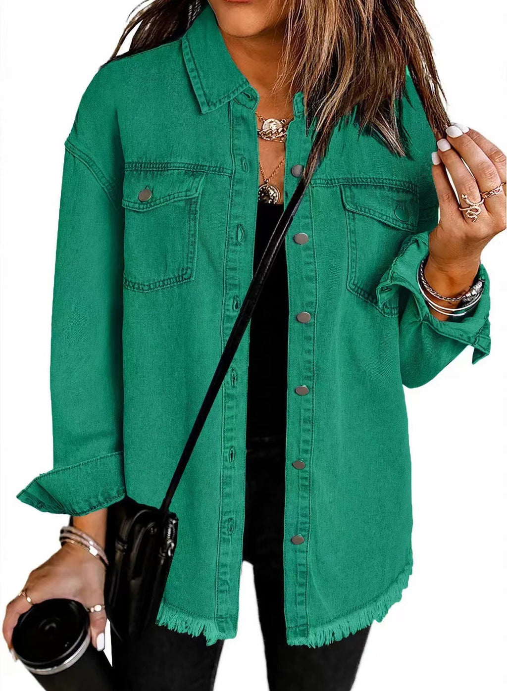 Frayed Hem Oversized Denim Shirt Jacket - Green