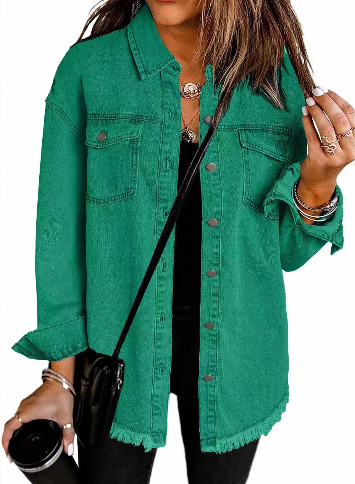 Frayed Hem Oversized Denim Shirt Jacket - Green