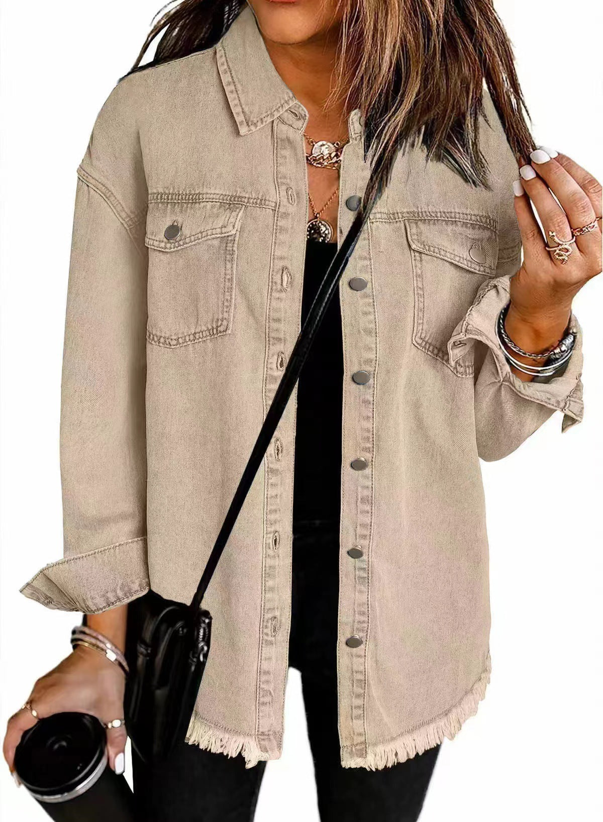 Frayed Hem Oversized Denim Shirt Jacket - Khaki