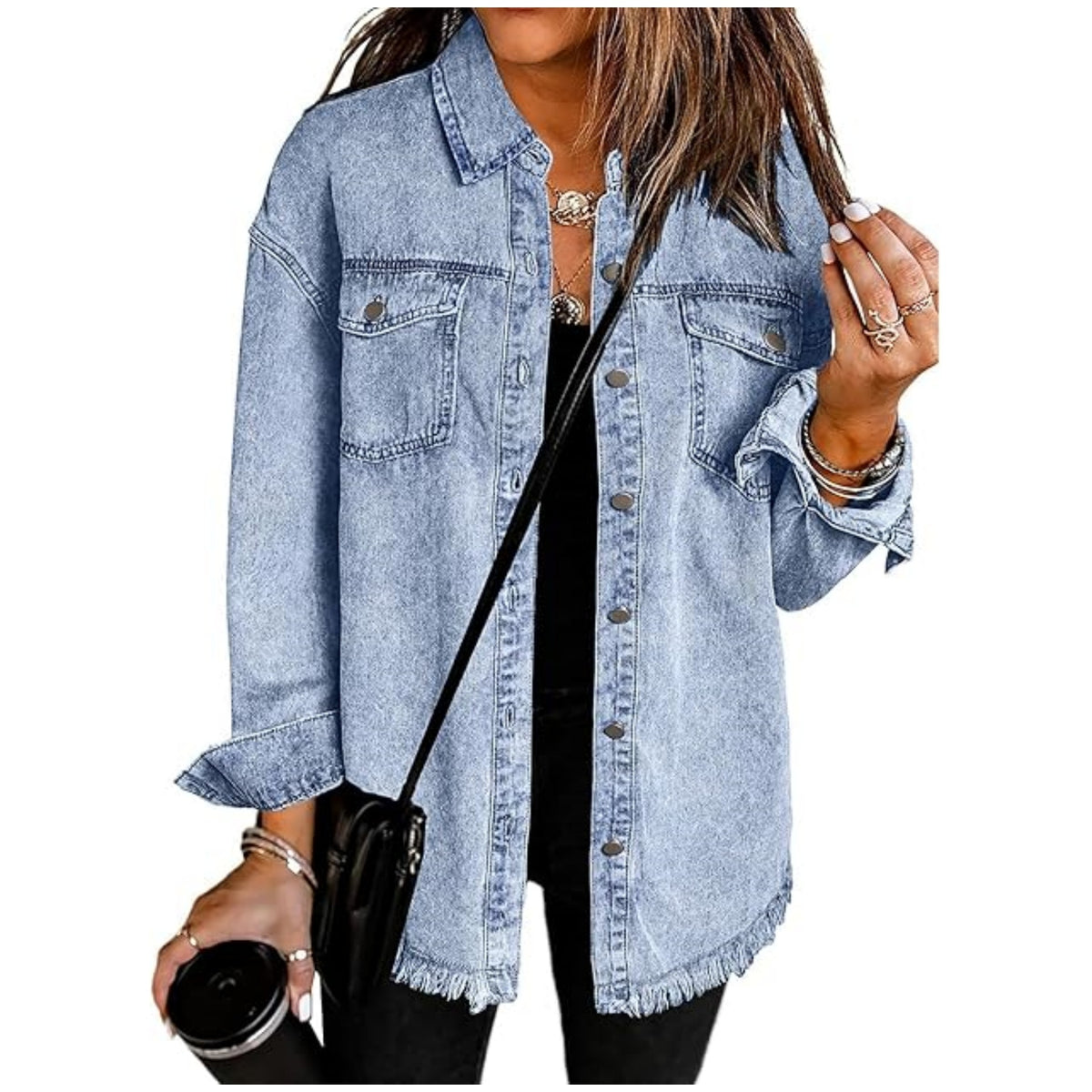 Frayed Hem Oversized Denim Shirt Jacket - LightBlue