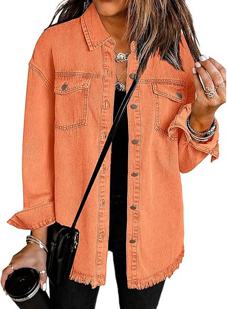 Frayed Hem Oversized Denim Shirt Jacket - Orange