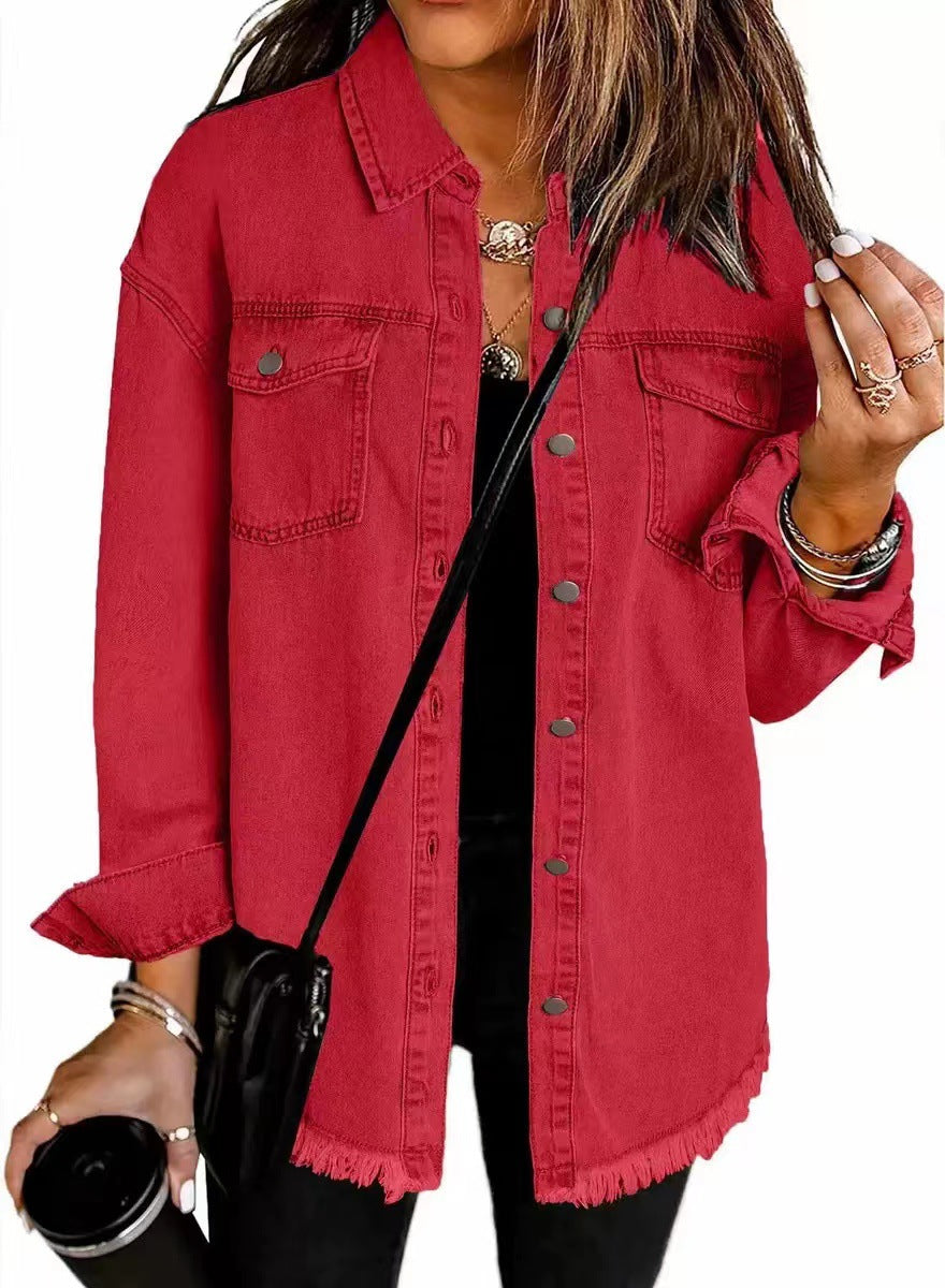 Frayed Hem Oversized Denim Shirt Jacket - Red