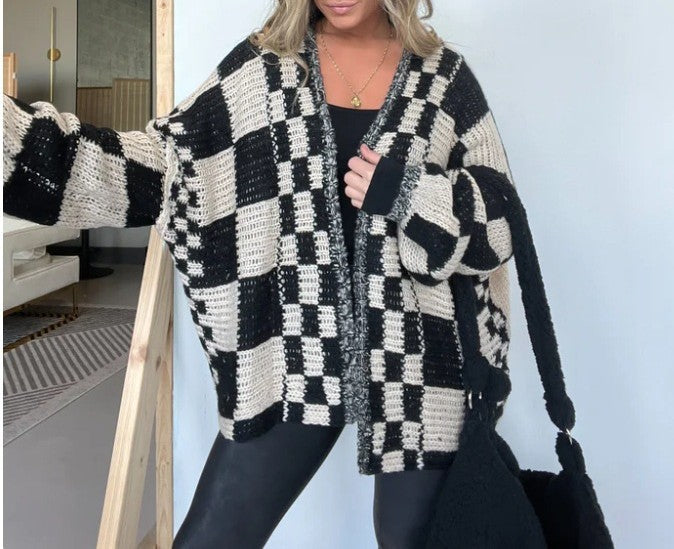 Checkerboard Knit Slouchy Duster Cardigan - Black
