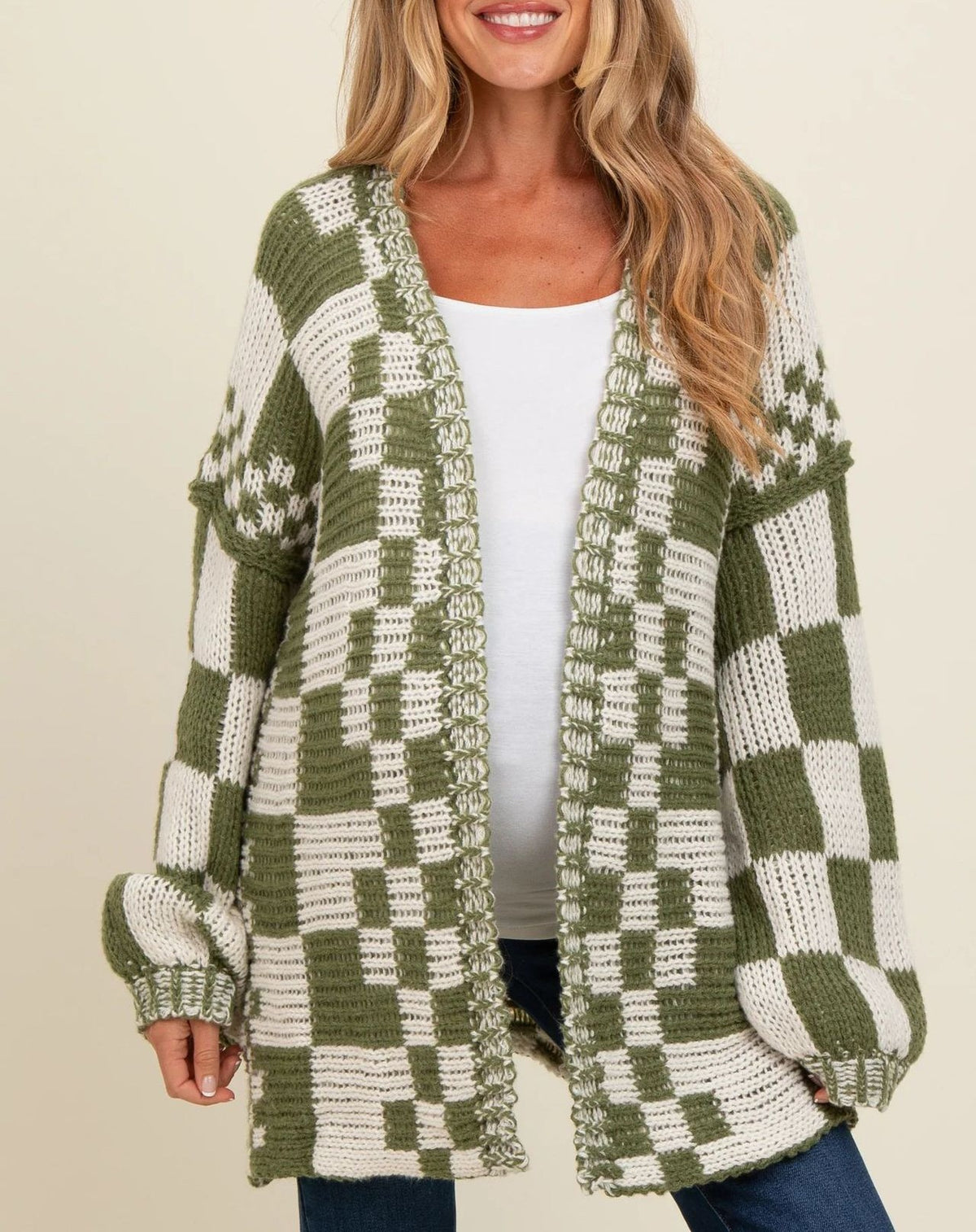 Checkerboard Knit Slouchy Duster Cardigan - Green
