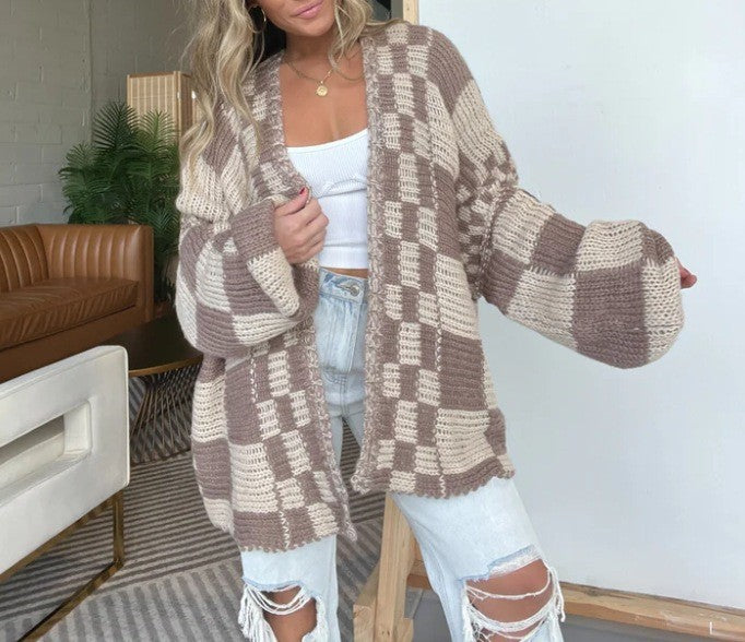 Checkerboard Knit Slouchy Duster Cardigan - Khaki