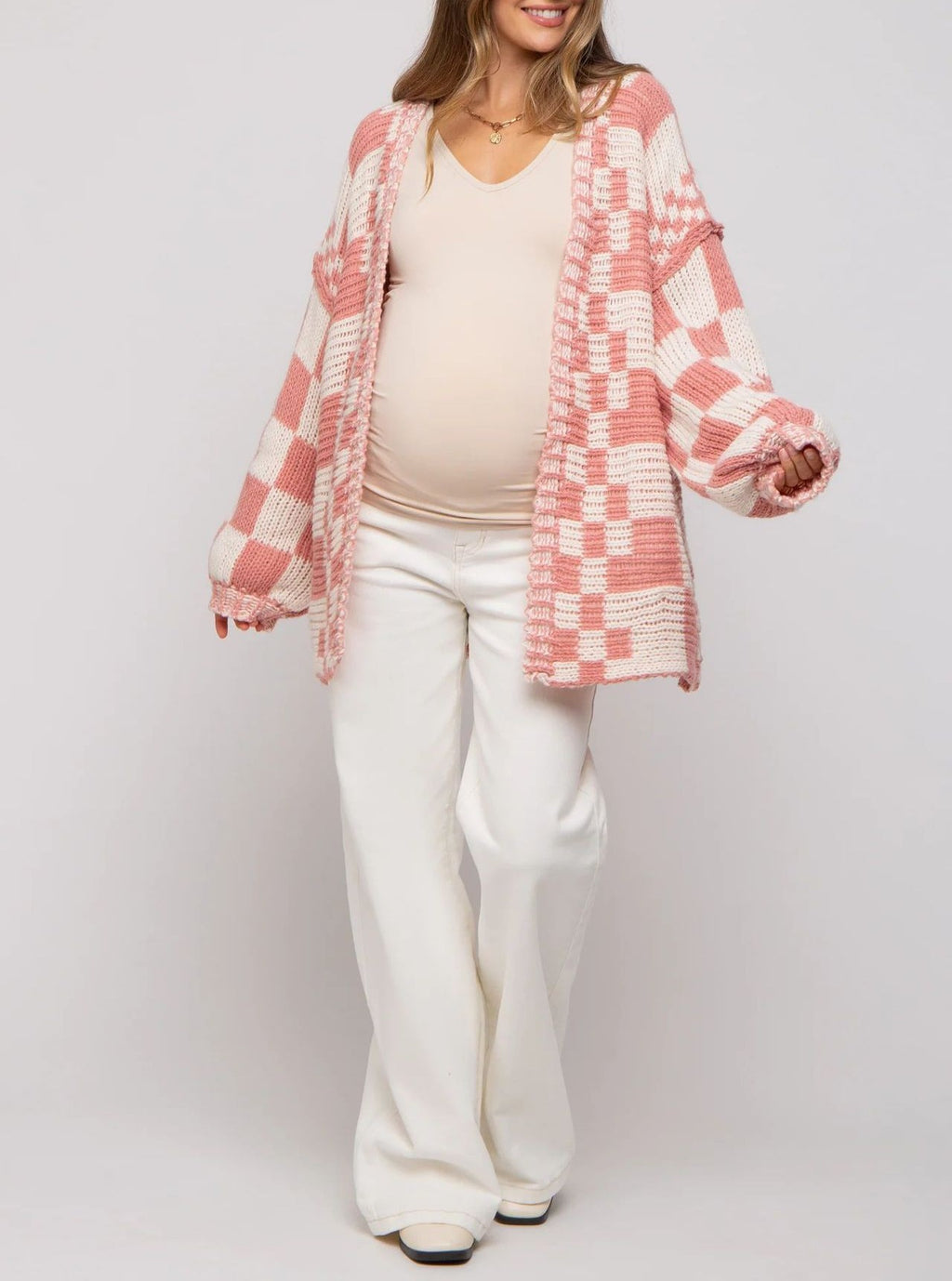 Checkerboard Knit Slouchy Duster Cardigan - LightPink