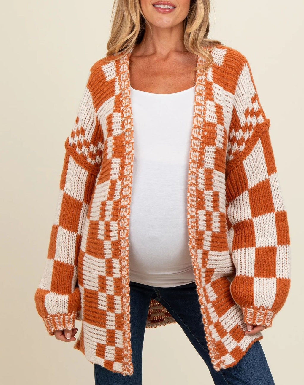 Checkerboard Knit Slouchy Duster Cardigan - Orange