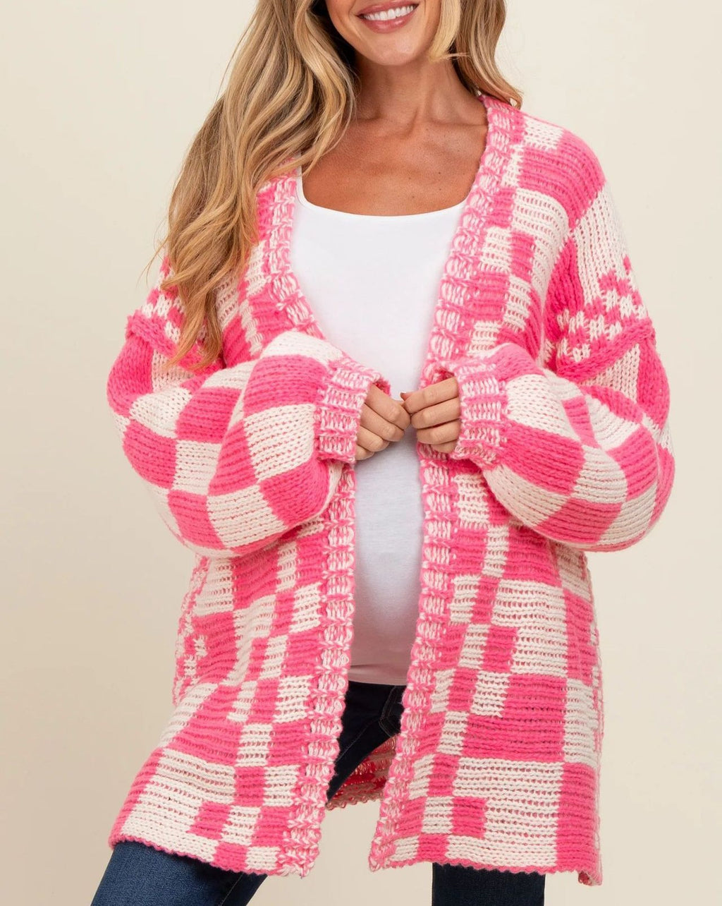 Checkerboard Knit Slouchy Duster Cardigan - Pink