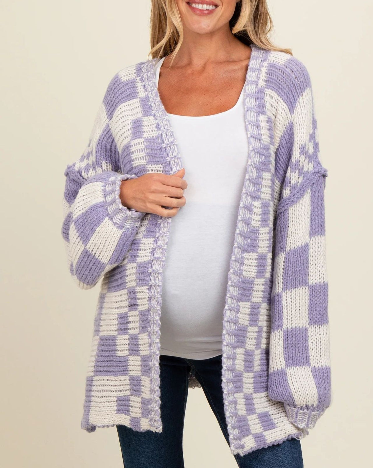 Checkerboard Knit Slouchy Duster Cardigan - Purple
