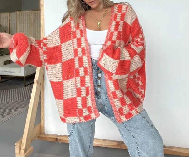 Checkerboard Knit Slouchy Duster Cardigan - Red