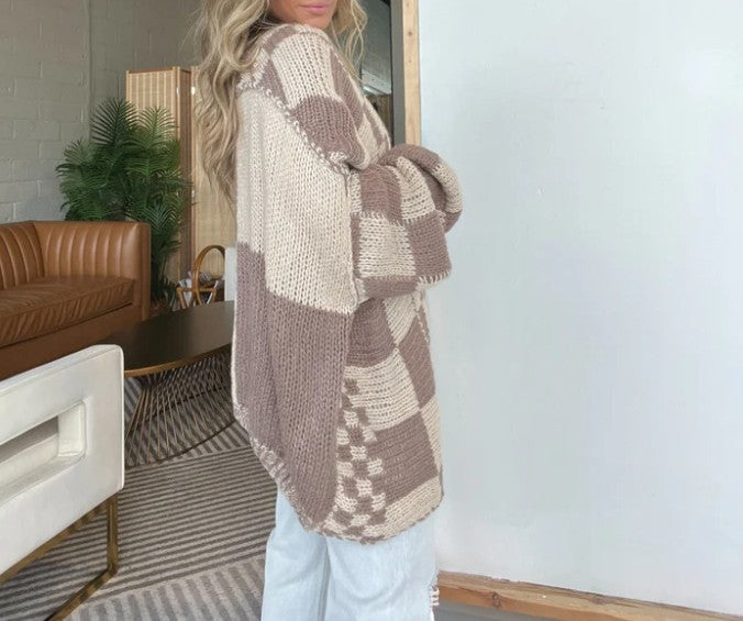 Checkerboard Knit Slouchy Duster Cardigan