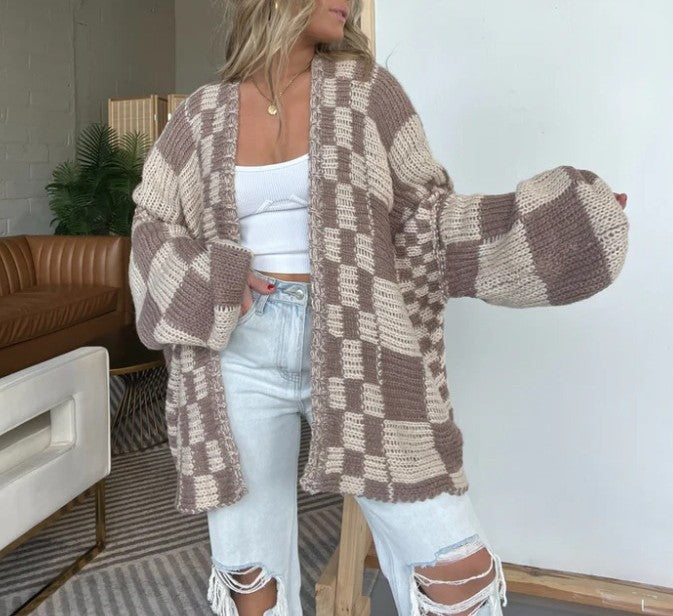 Checkerboard Knit Slouchy Duster Cardigan - view 1