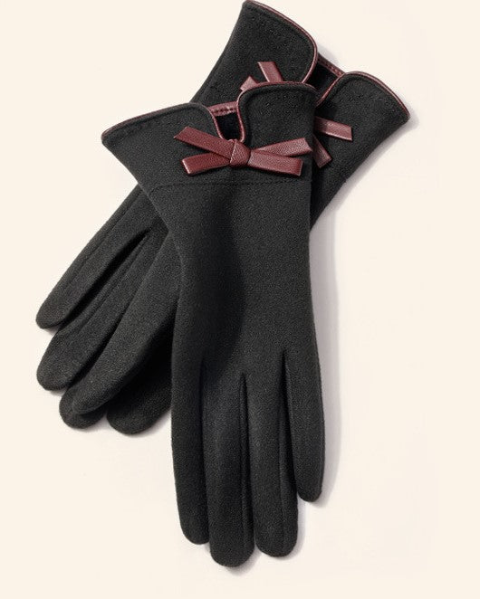 Bow Detail Touchscreen Fleece Gloves - Black