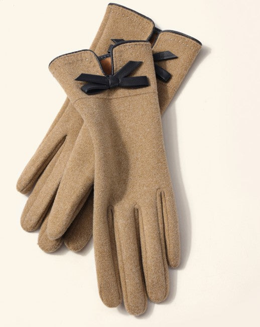 Bow Detail Touchscreen Fleece Gloves - Camel