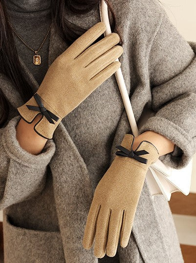 Bow Detail Touchscreen Fleece Gloves - Camel - 1