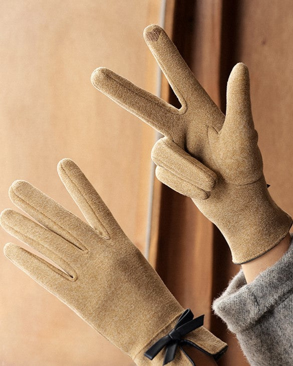 Bow Detail Touchscreen Fleece Gloves - Camel - 3