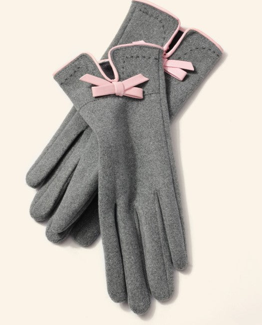 Bow Detail Touchscreen Fleece Gloves - Grey