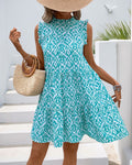 Geometric Print Sleeveless Swing Dress - Blue