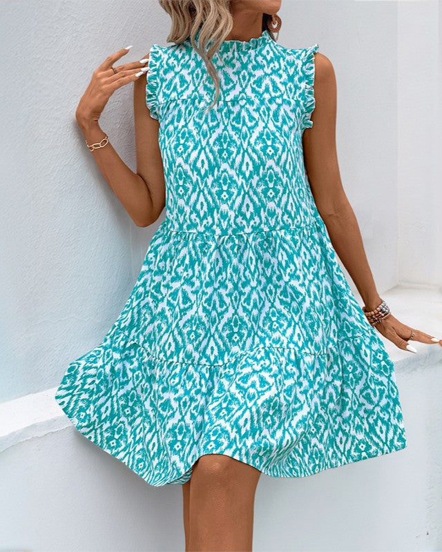 Geometric Print Sleeveless Swing Dress - Blue - 1