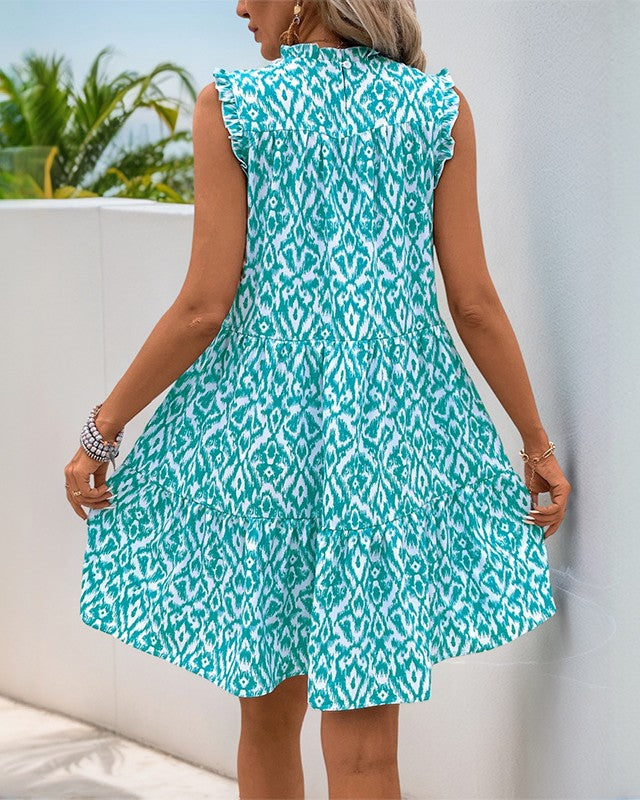 Geometric Print Sleeveless Swing Dress - Blue - 3