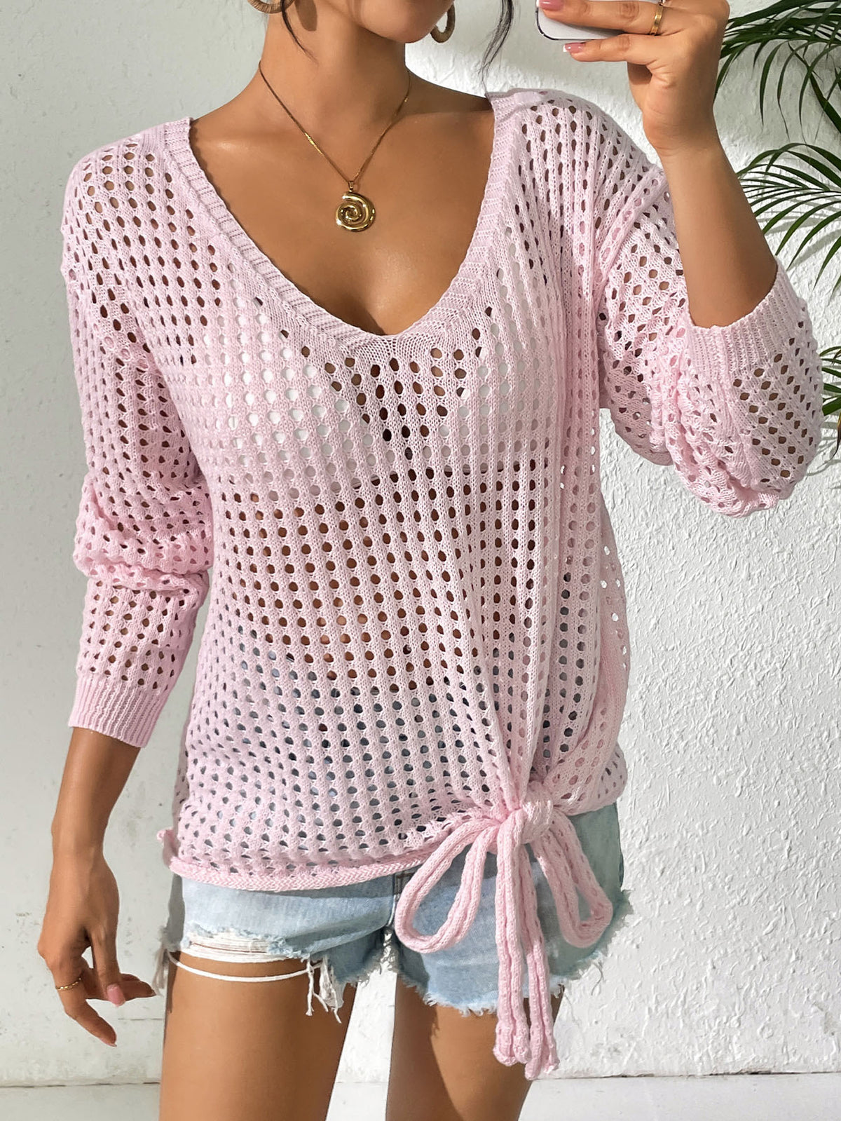 Crochet Knit Drawstring Beach Cover Up - Pink