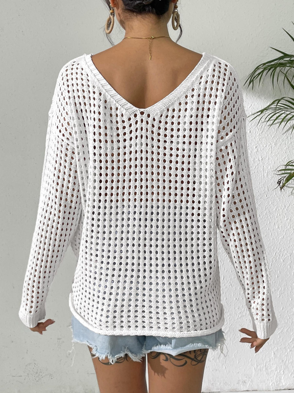 Crochet Knit Drawstring Beach Cover Up - White - 1