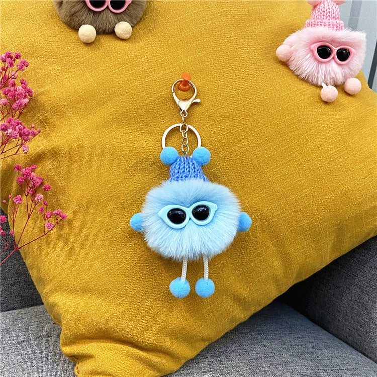 Plush Pom Character Sunglasses Keychain - Blue
