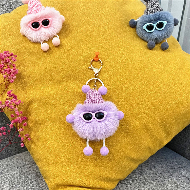 Plush Pom Character Sunglasses Keychain - Purple