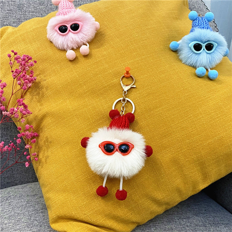Plush Pom Character Sunglasses Keychain - White