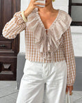 Plaid Check Ruffle Collar V Neck Blouse - Khaki