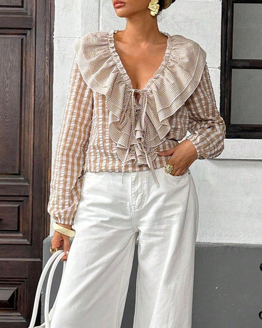 Plaid Check Ruffle Collar V Neck Blouse - Khaki - 1